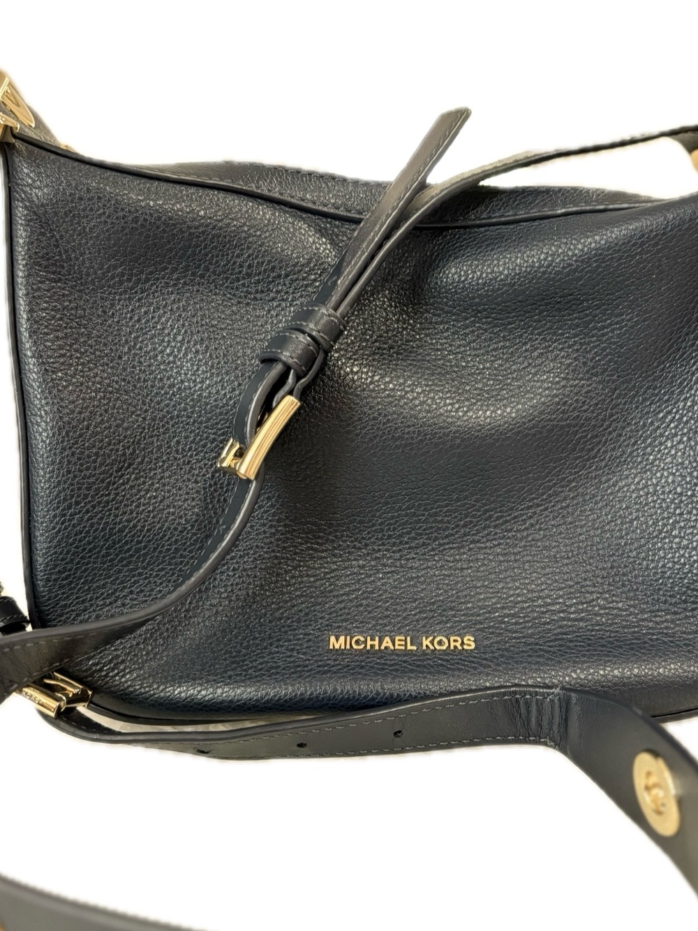 Michael Kors Raven Medium Pebbled Leather Crossbody Bag Dark Navy Gold - Picture 10 of 10